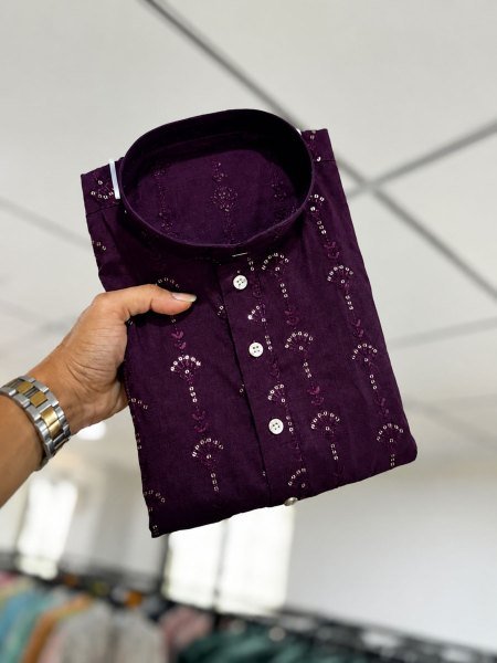 Ethereal Wine Premium Royal Fabric Kurta Set with Semi Cotton Pajama for Men Mens Wear