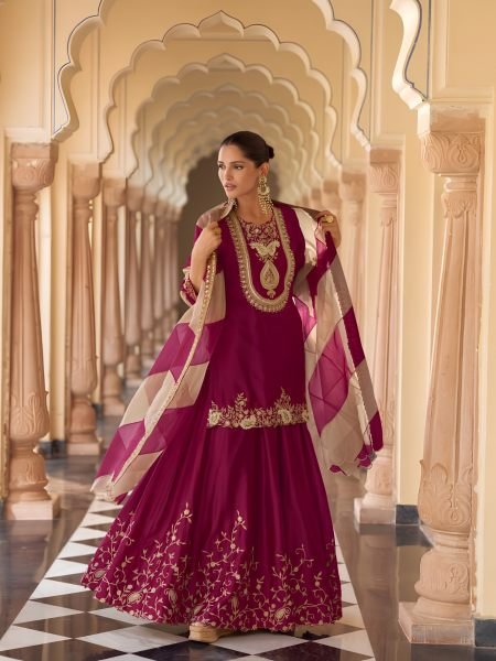 Ethereal Wine Vichitra Top with Tebby Dupatta and Heavy Chinon Palazzo Set Salwar Kameez