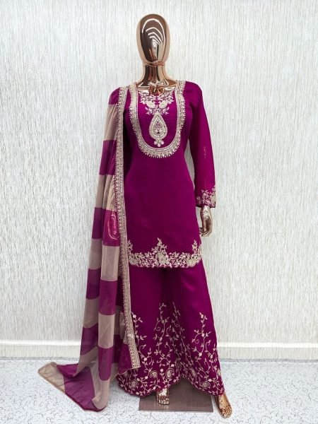 Ethereal Wine Vichitra Top with Tebby Dupatta and Heavy Chinon Palazzo Set Designer Plazzo Salwar Suits Wholesale