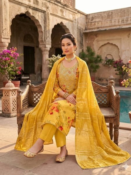 Ethereal Yellow Designer Modal Jacquard Printed Suit Material with Chanderi Dupatta Dress Material 