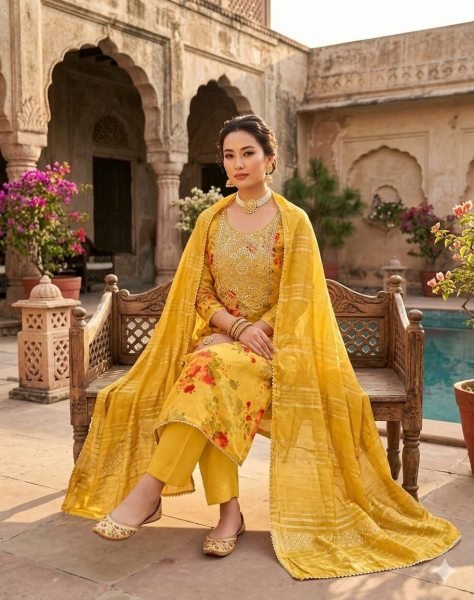 Ethereal Yellow Designer Modal Jacquard Printed Suit Material with Chanderi Dupatta Punjabi Dress Materials Wholesale
