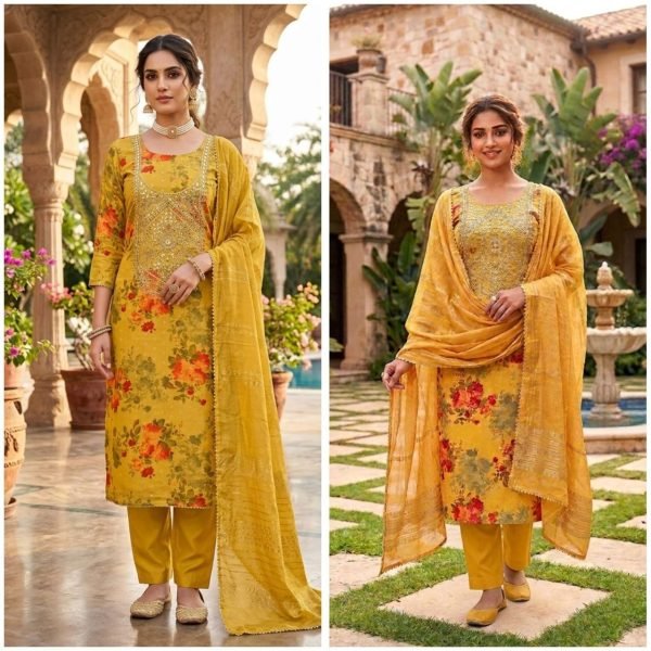 Ethereal Yellow Designer Modal Jacquard Printed Suit Material with Chanderi Dupatta Punjabi Dress Materials Wholesale