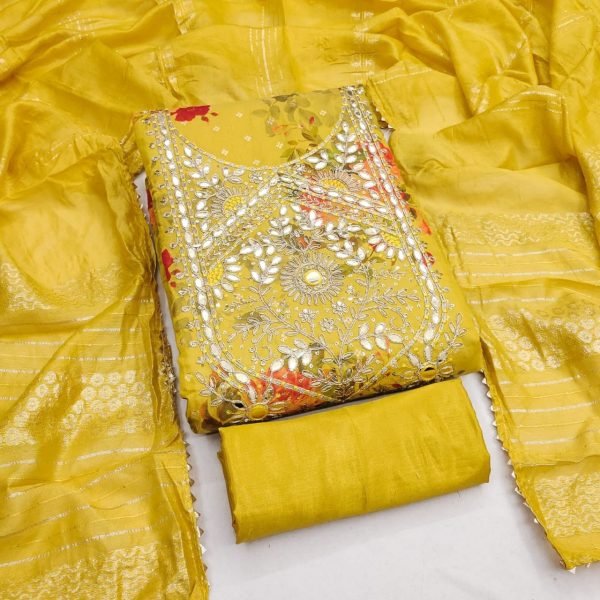 Ethereal Yellow Designer Modal Jacquard Printed Suit Material with Chanderi Dupatta Punjabi Dress Materials Wholesale