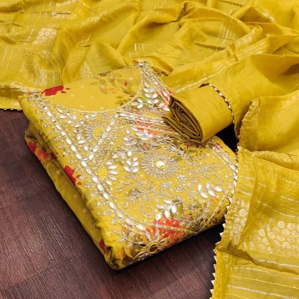 Ethereal Yellow Designer Modal Jacquard Printed Suit Material with Chanderi Dupatta Punjabi Dress Materials Wholesale