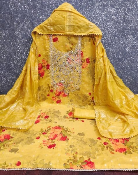 Ethereal Yellow Designer Modal Jacquard Printed Suit Material with Chanderi Dupatta Punjabi Dress Materials Wholesale