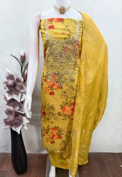 Ethereal Yellow Designer Modal Jacquard Printed Suit Material with Chanderi Dupatta Punjabi Dress Materials Wholesale