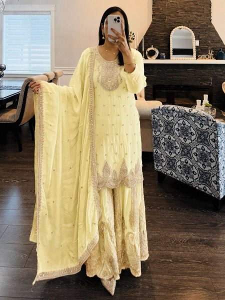 Ethereal Yellow Georgette Sharara Suits Set With Siqunce Work At Competitive Price Ready To Wear Suit