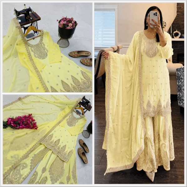 Ethereal Yellow Georgette Sharara Suits Set With Siqunce Work At Competitive Price Ready To Wear Collection