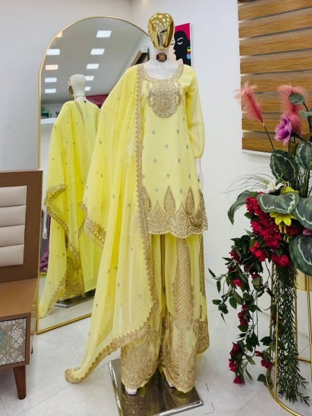 Ethereal Yellow Georgette Sharara Suits Set With Siqunce Work At Competitive Price Ready To Wear Collection