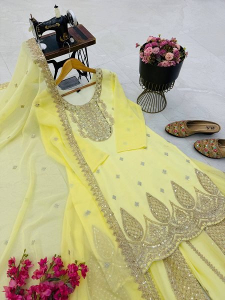 Ethereal Yellow Georgette Sharara Suits Set With Siqunce Work At Competitive Price Ready To Wear Collection