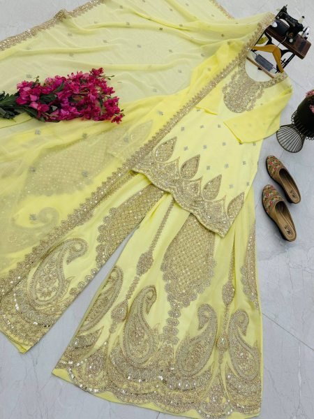 Ethereal Yellow Georgette Sharara Suits Set With Siqunce Work At Competitive Price Ready To Wear Collection