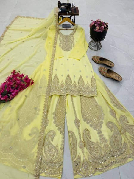 Ethereal Yellow Georgette Sharara Suits Set With Siqunce Work At Competitive Price Ready To Wear Collection