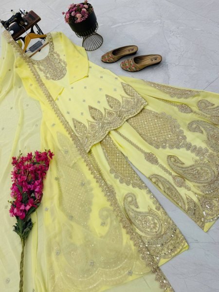 Ethereal Yellow Georgette Sharara Suits Set With Siqunce Work At Competitive Price Ready To Wear Collection