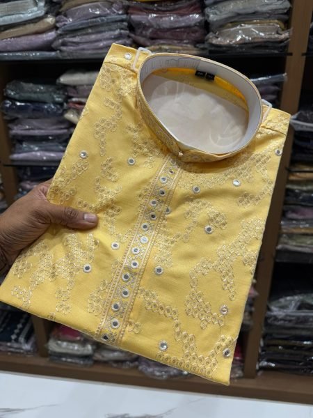Ethereal Yellow Men's Ethnic Khadi Cotton Kurta with Designer Embroidery Work Kurta Pajama Wholesale