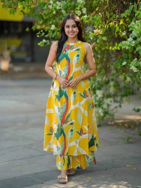 Ethereal Yellow Rayon Digital Print Top Palazzo Set with Micro Inner for Daily Wear 