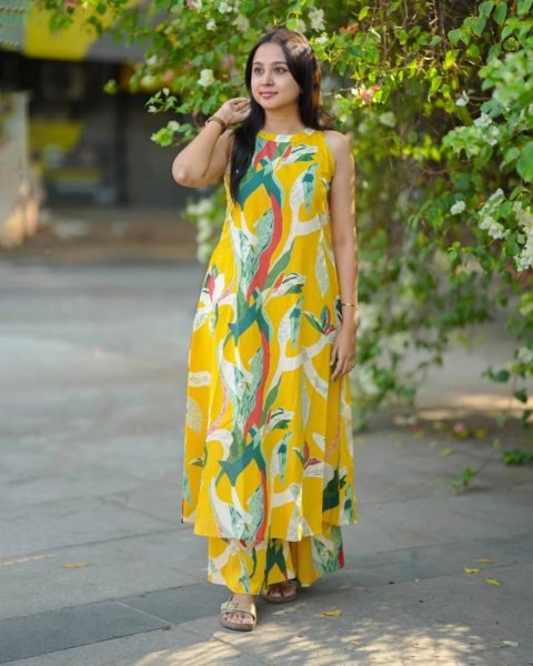 Ethereal Yellow Rayon Digital Print Top Palazzo Set with Micro Inner for Daily Wear CO ORD Sets