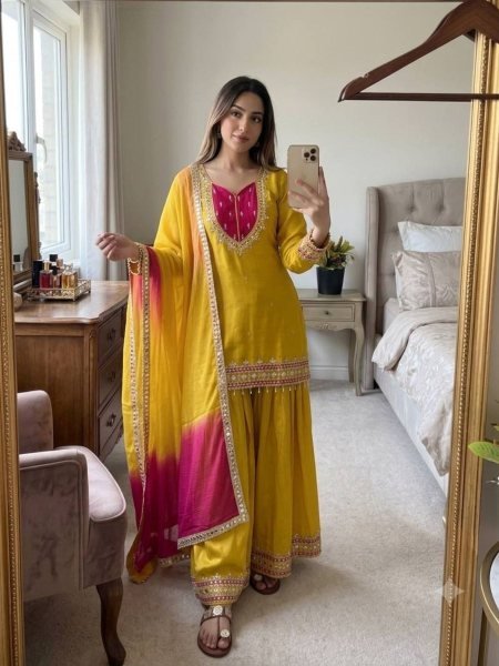 Ethereal Yellow Roman Suit With Kota Fabric and Full Sleeves At Unbeatable Price 