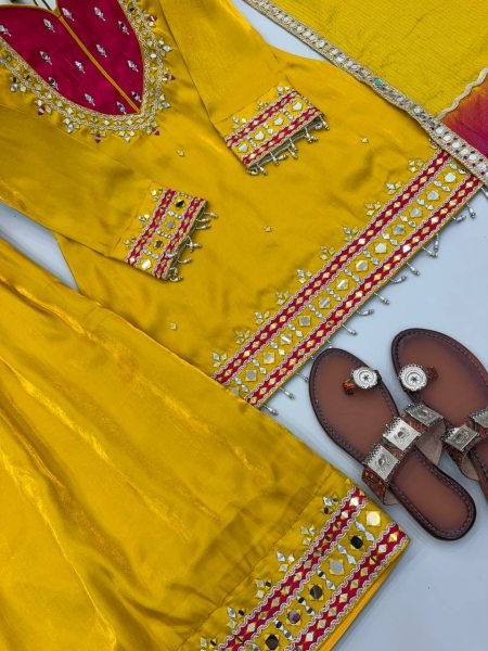 Ethereal Yellow Roman Suit With Kota Fabric and Full Sleeves At Unbeatable Price Ready To Wear Collection