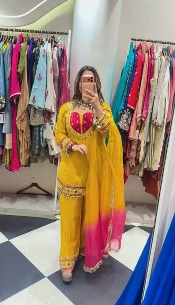 Ethereal Yellow Roman Suit With Kota Fabric and Full Sleeves At Unbeatable Price Ready To Wear Collection