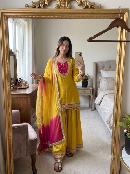 Ethereal Yellow Roman Suit With Kota Fabric and Full Sleeves At Unbeatable Price Ready To Wear Collection