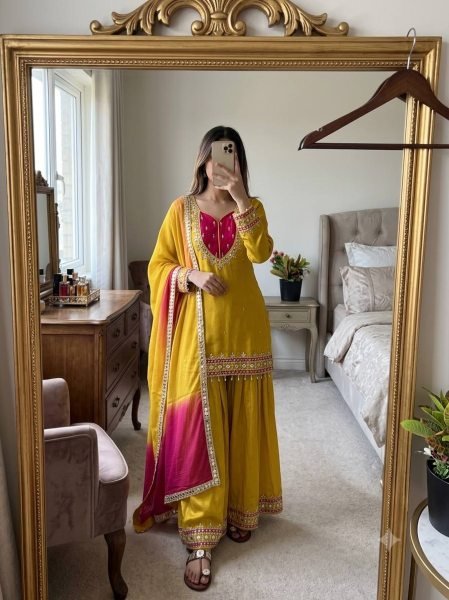Ethereal Yellow Roman Suit With Kota Fabric and Full Sleeves At Unbeatable Price Ready To Wear Collection