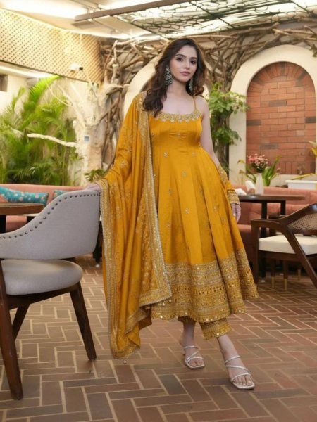 Ethereal Yellow Wedding Wear Vichitra Silk Anarkali Gown with Heavy Embroidery 