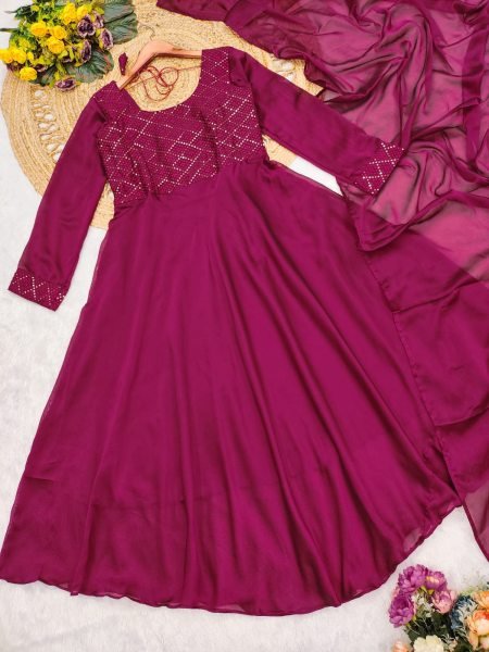 Ethnic Anarkali suits in wine color for resellers and exporters Embroidery Kurtis 