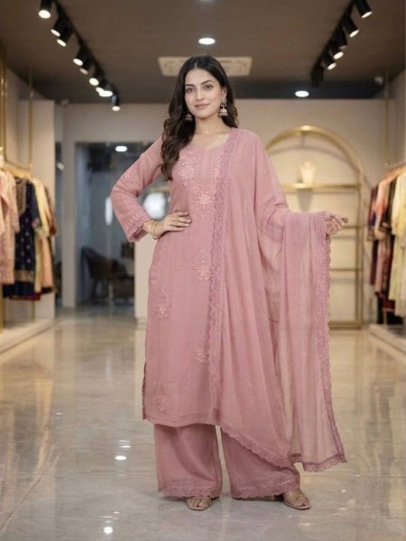 Ethnic Baby Pink Premium Georgette Kurti Plazzo Dupatta Collection Ready To Wear Suit