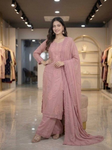 Ethnic Baby Pink Premium Georgette Kurti Plazzo Dupatta Collection Ready To Wear Collection