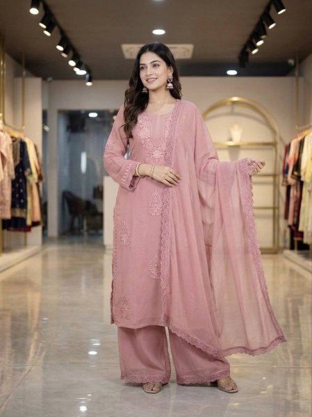 Ethnic Baby Pink Premium Georgette Kurti Plazzo Dupatta Collection Ready To Wear Collection