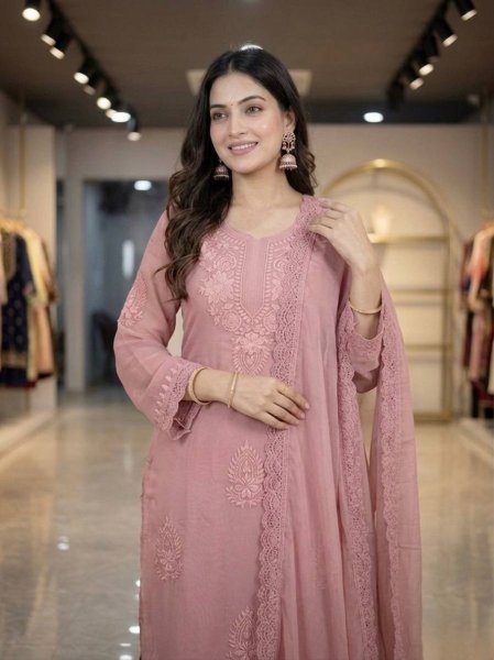 Ethnic Baby Pink Premium Georgette Kurti Plazzo Dupatta Collection Ready To Wear Collection