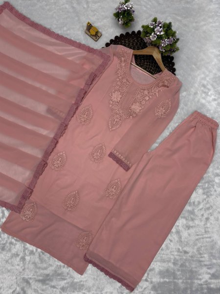 Ethnic Baby Pink Premium Georgette Kurti Plazzo Dupatta Collection Ready To Wear Collection
