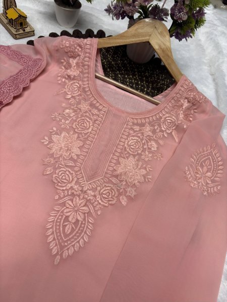 Ethnic Baby Pink Premium Georgette Kurti Plazzo Dupatta Collection Ready To Wear Collection