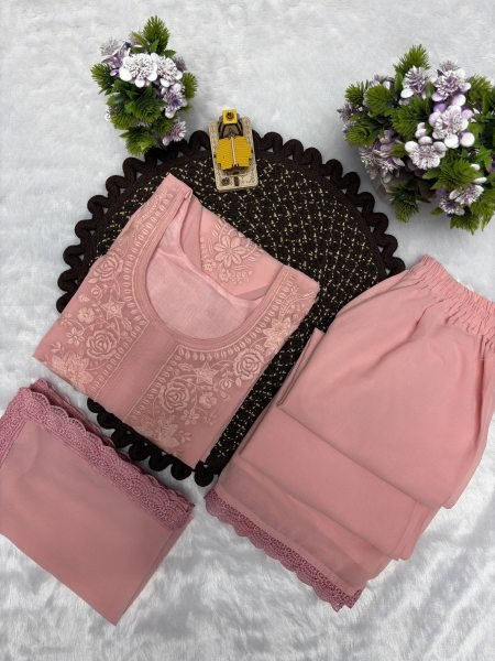 Ethnic Baby Pink Premium Georgette Kurti Plazzo Dupatta Collection Ready To Wear Collection