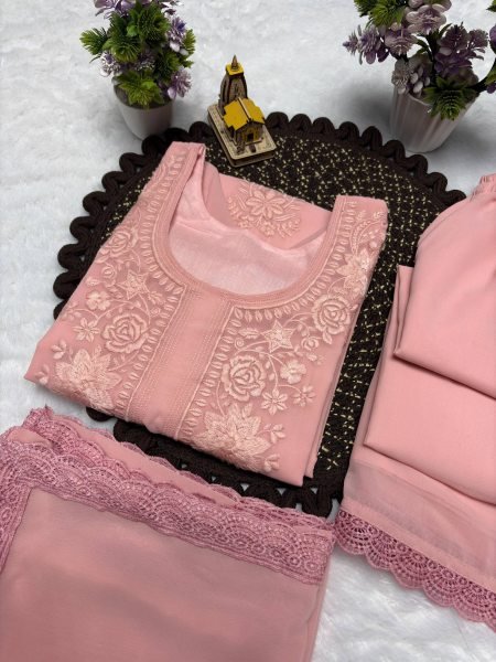 Ethnic Baby Pink Premium Georgette Kurti Plazzo Dupatta Collection Ready To Wear Collection