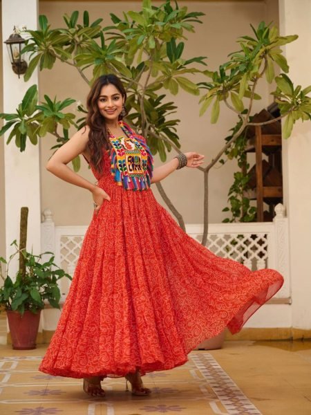 Ethnic Bandhani Gown for Navratri Georgette Fabric with Gamthi Touch Anarkali Kurtis 