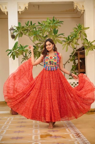 Ethnic Bandhani Gown for Navratri Georgette Fabric with Gamthi Touch Anarkali Kurtis 
