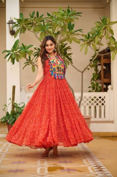 Ethnic Bandhani Gown for Navratri Georgette Fabric with Gamthi Touch Anarkali Kurtis 