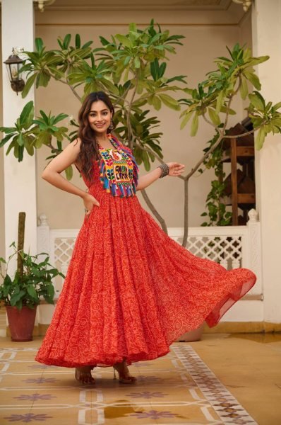 Ethnic Bandhani Gown for Navratri Georgette Fabric with Gamthi Touch Anarkali Kurtis 