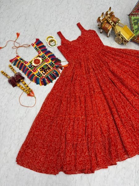 Ethnic Bandhani Gown for Navratri Georgette Fabric with Gamthi Touch Anarkali Kurtis 