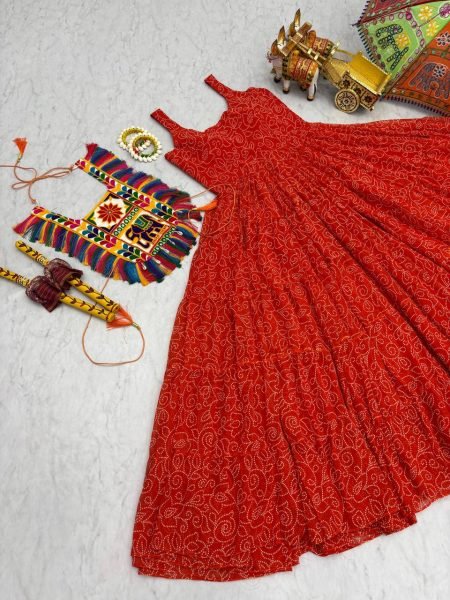 Ethnic Bandhani Gown for Navratri Georgette Fabric with Gamthi Touch Anarkali Kurtis 