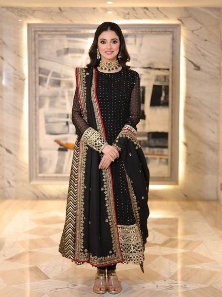 Ethnic Black Blooming Gown With Full Sleeves Using Embroidery Work For Women Ready To Wear Suit