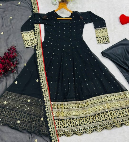 Ethnic Black Blooming Gown With Full Sleeves Using Embroidery Work For Women Ready To Wear Collection