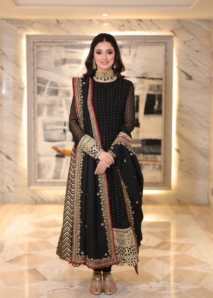 Ethnic Black Blooming Gown With Full Sleeves Using Embroidery Work For Women Ready To Wear Collection