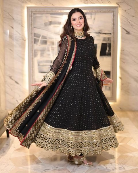 Ethnic Black Blooming Gown With Full Sleeves Using Embroidery Work For Women Ready To Wear Collection