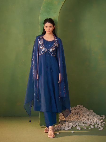 Ethnic Blue Boutique Pure Organza Outfit with Designer Dupatta For Wedding 