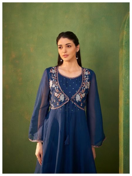 Ethnic Blue Boutique Pure Organza Outfit with Designer Dupatta For Wedding Embroidery Suits Wholesale