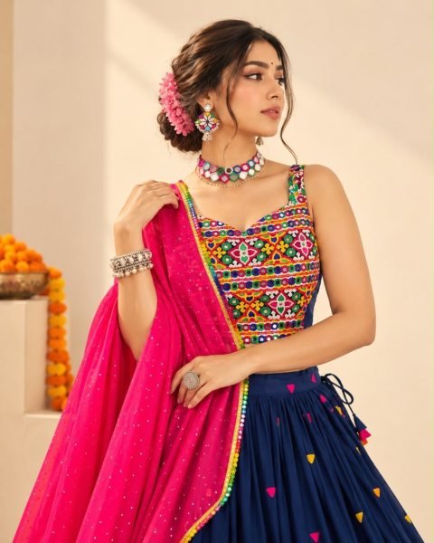 Ethnic Blue Fully Stitched Rayon Cotton Lehenga Set with Gamthi Embroidery at Manufacturer  Navratri Lehnega Choli