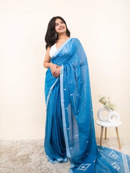 Ethnic Blue Linen Cotton Saree with Digital Print and Tussle at Manufacturer Rate 