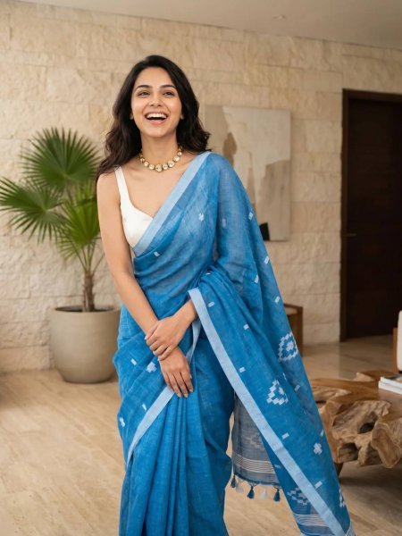 Ethnic Blue Linen Cotton Saree with Digital Print and Tussle at Manufacturer Rate Printed Cotton Sarees Wholesale